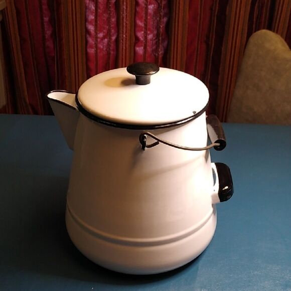 Classic White Enamel Coffee Pot with Black Accents